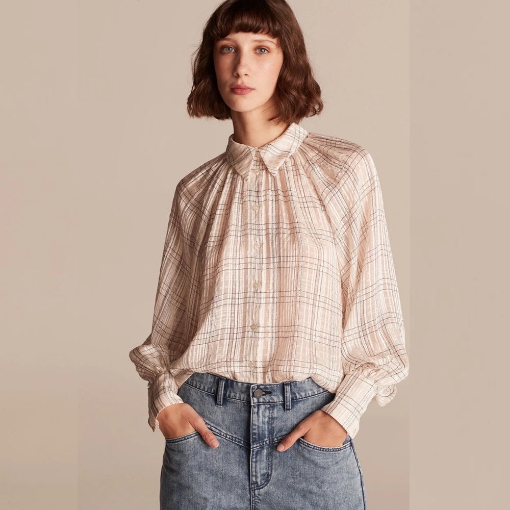 NWT Rebecca Taylor Cream and Black Plaid Check Lace Collared Blouse